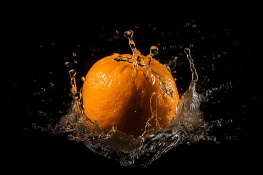 Orange on black background. Fruit with water drops. Generate Ai