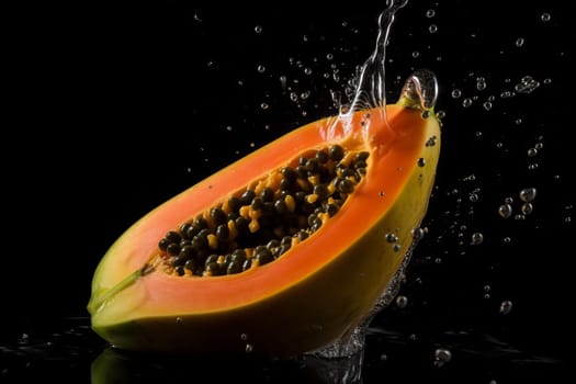 Papaya on black background. Fruit with water drops. Generate Ai