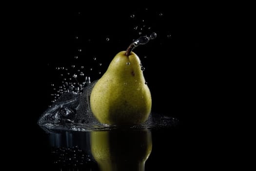 Pear on black background. Fruit with water drops. Generate Ai