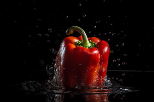Pepper on black background. Fruit with water drops. Generate Ai