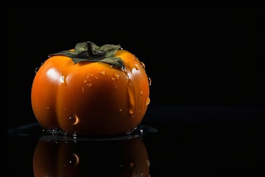 Persimmon on black background. Fruit with water drops. Generate Ai