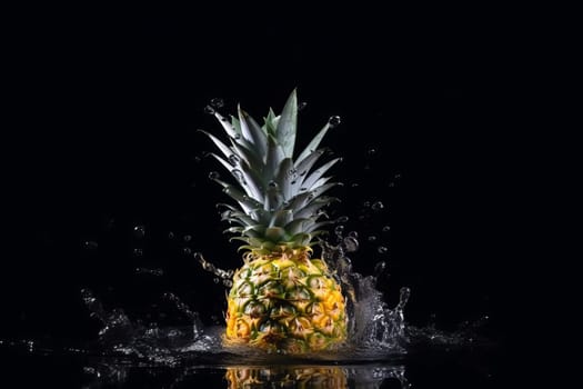 Pineapple on black background. Fruit with water drops. Generate Ai