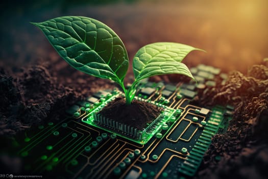 Plant from computer chip. New life. Eco concept. Generate Ai