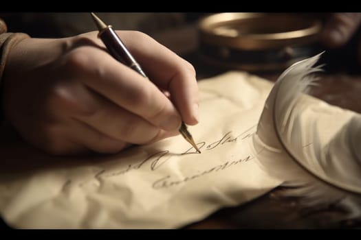 Poet writes concept. Vintage parchment on wooden table. Generate Ai