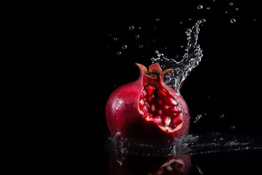 Pomegranate on black background. Fruit with water drops. Generate Ai