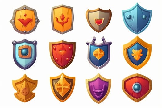 Game shield icon set in cartoon style isolated on white background. Generate Ai
