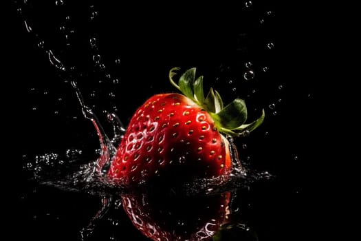 Strawberry on black background. Fruit with water drops. Generate Ai