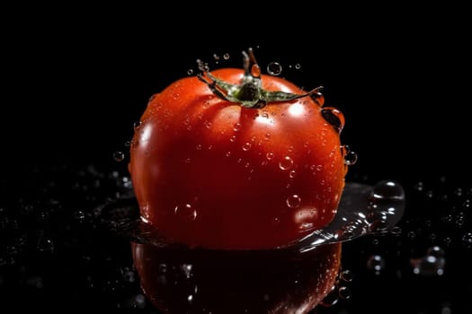 Tomato on black background. Fruit with water drops. Generate Ai