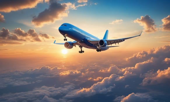 A stunning image capturing an airplane soaring above the clouds during a breathtaking sunset. The golden hues of the setting sun illuminate the aircraft and the sea of clouds below.