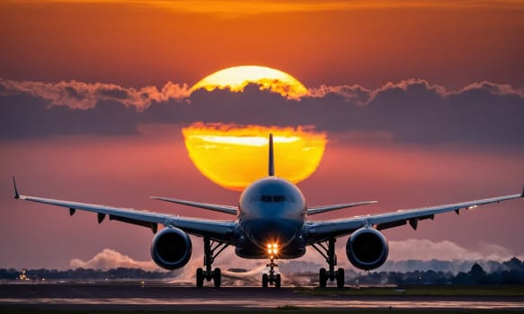 A stunning image capturing an airplane silhouetted against a majestic sunset. The vibrant hues of the evening sky create a dramatic backdrop for the aircraft.