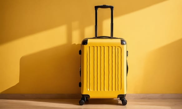 A vibrant yellow suitcase with a modern design stands against a matching yellow wall. The image evokes a sense of readiness for an exciting journey.