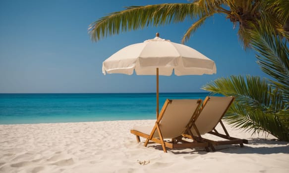 Beach with sun loungers under a straw umbrella against a backdrop of pristine white sand and crystal clear blue water under an azure sky.