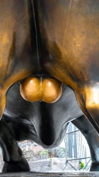 New York City, United States - September 19, 2022 The bottom and rear view of the Bull in Lower