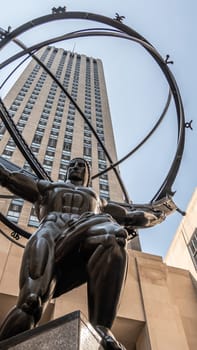 New York, USA - September 19, 2022: Sculpture of Atlas in front of the Rockefeller Center in