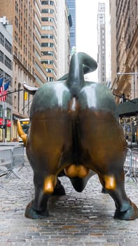 New York City, United States - September 19, 2022 The rear view of the Bull in Lower Manhattan