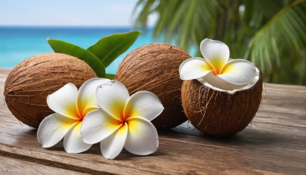 Coconuts and bright plumeria flowers on a wooden surface. In the background is a pristine beach with lush palm trees and clear blue skies.