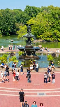 Bethesda fountain Central Park in New York, People walking around Bethesda Fountain