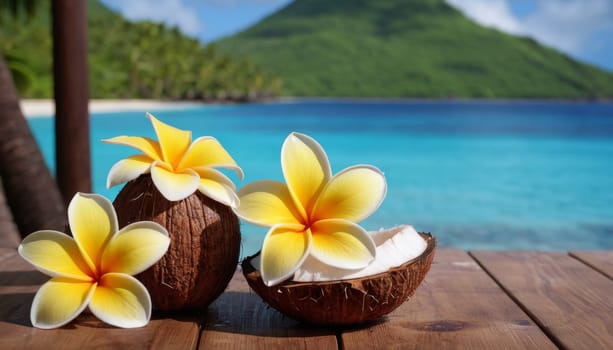 Coconuts and bright plumeria flowers on a wooden surface. In the background is a pristine beach with lush palm trees and clear blue skies.