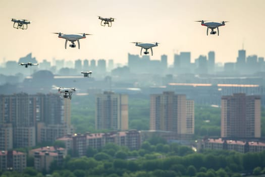 Group of drones over city at summer morning. Neural network generated image. Not based on any actual scene or pattern.