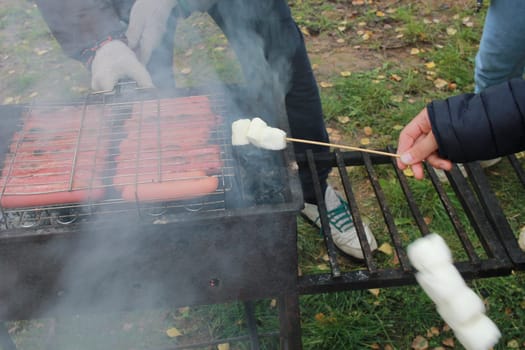 Photography outdoor recreation. Fried sausages and marshmallows. On the grill. Preparation.