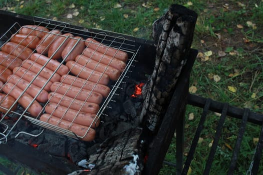 Photo of a sausage in a grill on the grill. Eating outdoors. Hike. Journeys. Rest.