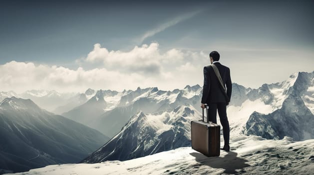 Rear view of businessman wearing formal suit and holding suitcase, standing on mountain peak while looking at sky