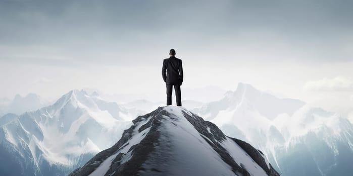 Rear view of businessman wearing formal suit and holding suitcase, standing on mountain peak while looking at sky