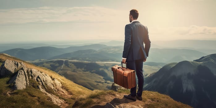 Rear view of businessman wearing formal suit and holding suitcase, standing on mountain peak while looking at sky