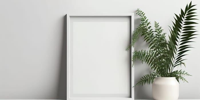 Mock up white frame and green plant on book shelf or desk, White colors.