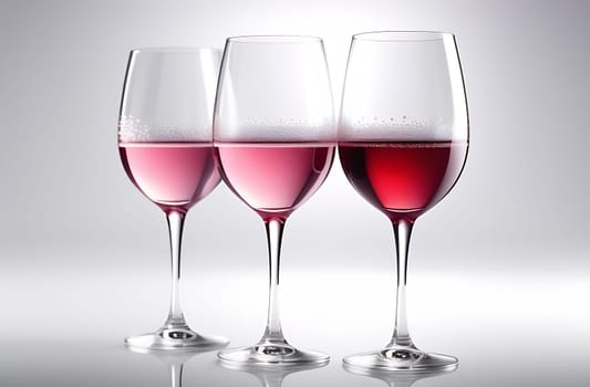 Three thin wine glasses half filled with pink sparkling wine with bubbles, close-up shots.