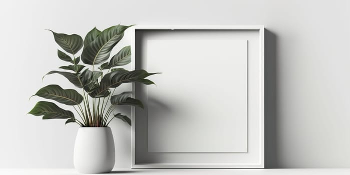 Mock up white frame and green plant on book shelf or desk, White colors.