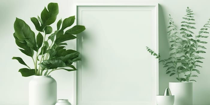 Mock up white frame and green plant on book shelf or desk, White colors.