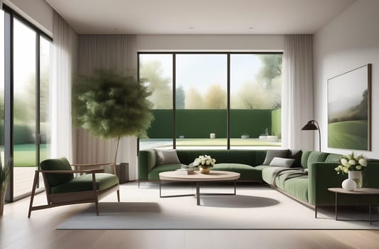 the modern minimalistic interior of the room with a soft Japanese-style design in beige and green tones, a huge panoramic window.