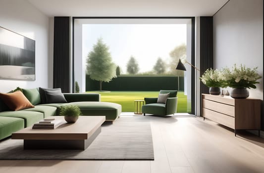 the modern minimalistic interior of the room with a soft Japanese-style design in beige and green tones, a huge panoramic window.