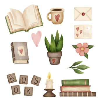 Reading lovers cute hand drawn set. Books and cozy things. Colorful open and closed books, hobby, cups with coffee or tea, letter and envelope, plants. Watercolor. For postcards, stickers, pattern