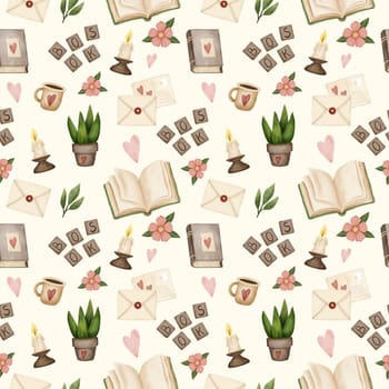 Reading lovers cute hand drawn seamless pattern. Books and cozy things for printing on fabric, packaging paper.