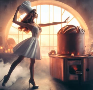 glamourous chef in steampunk kitchen with windiwn natural light cooking posing dancing singing illustration generative ai art