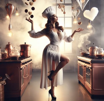 glamourous chef in steampunk kitchen with windiwn natural light cooking posing dancing singing illustration generative ai art