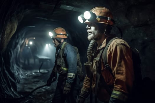 Two miners with headlamps in a dimly lit tunnel, representing industrial labor and natural resource extraction.