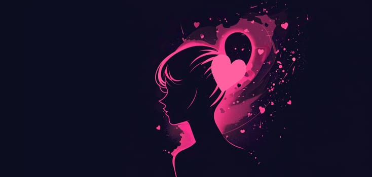 Banner Purple Pink silhouette of Young Female Face, Heart Shaped Hairstyle, Neon Light. Space For Text. Women Day, March 8. Women Equality Day. AI Generated Space For Text. Horizontal Plane.