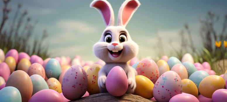 Cartoon bunny amid vibrant Easter eggs