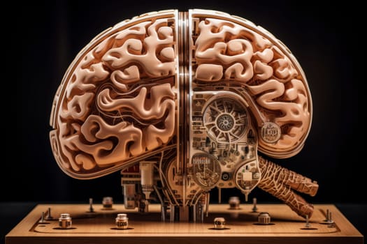 A highly detailed artificial intelligence concept model representing a human brain with mechanical elements, symbolizing the fusion of biology and technology.