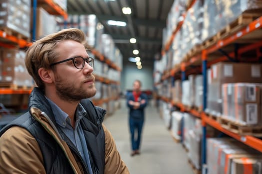 Businessman looking at colleagues standing in warehouse.