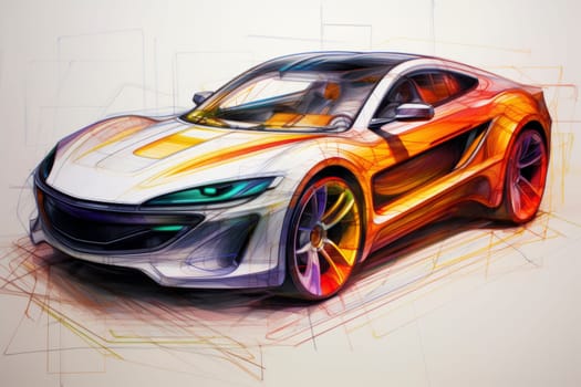 Colorful car sketch with dynamic lines on a white background. Creative process and automotive design concept for poster and educational material