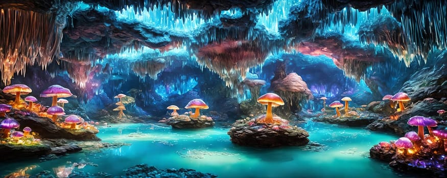 Crystal Cave, a subterranean world filled with shimmering crystal formations, glowing mushrooms, and irides. Generative AI