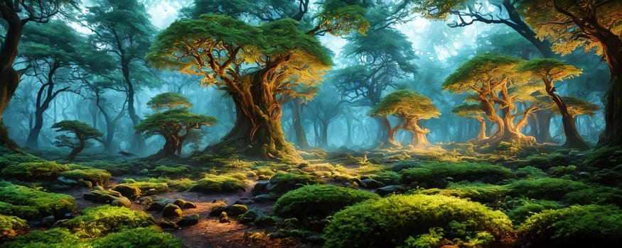 Enchanted forest. An otherworldly forest landscape with vibrant, glowing flora and fauna, majestic ancient trees. Generative AI