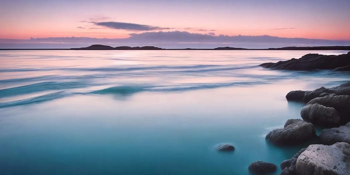 A breathtaking seascape with stones, set against the backdrop of a colorful sunset on the horizon. Panorama. Generative AI.