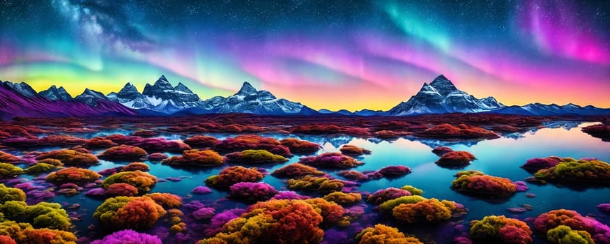 Celestial sky planet. A planet with multiple moons, colorful nebulae, and a mesmerizing aurora borealis filling the sky, colorful plants on the foreground. Panorama. Generative AI