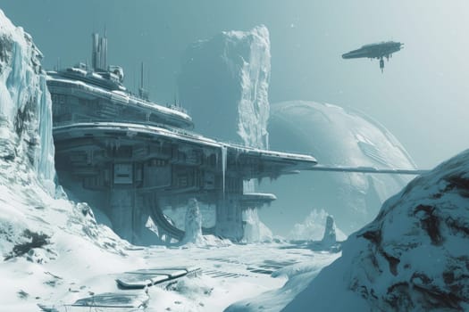 A futuristic space station sprawls across a harsh icy landscape, with a spacecraft approaching under the watchful gaze of a distant planet. Resplendent.