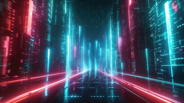 A digital illustration of a futuristic corridor bathed in vibrant neon lights, with a perspective that draws the eye towards infinity. Resplendent.